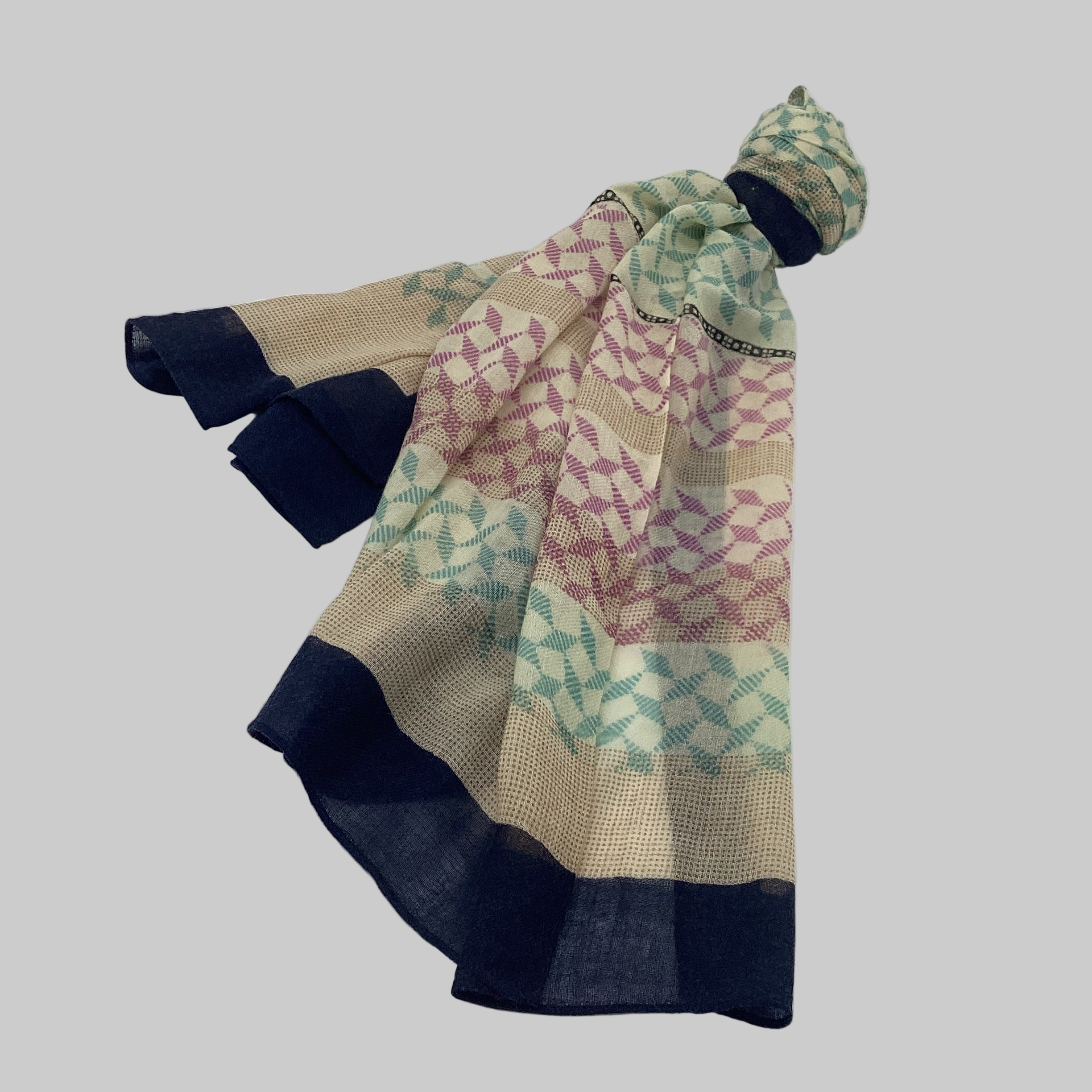 SCHAL TAFFEL I WOLLE - beige-Muster-navy